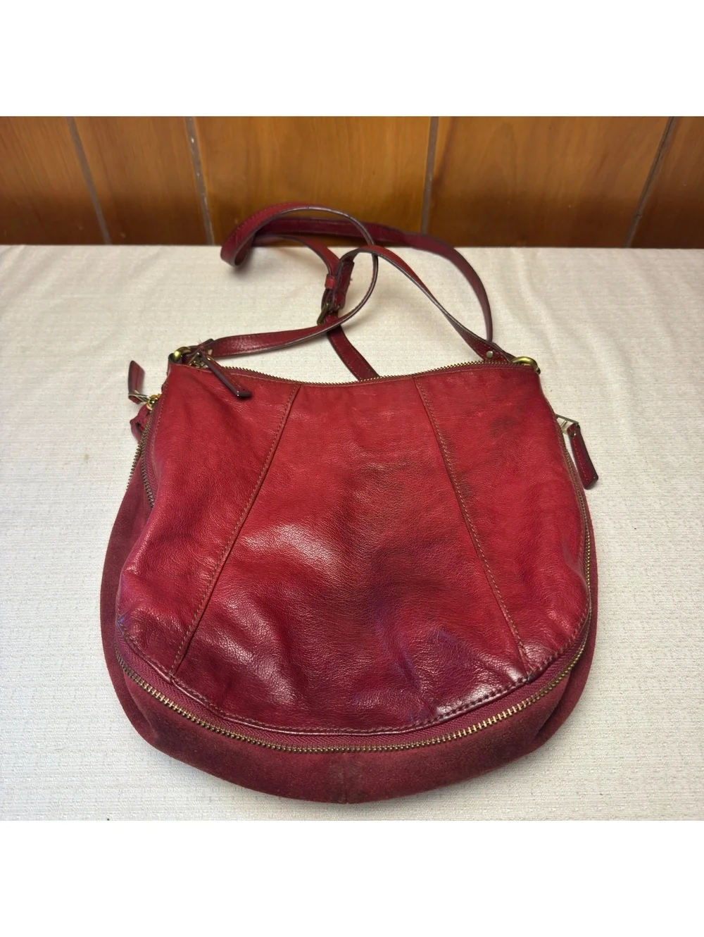 Fossil Red Leather Crossbody Vintage Distressed Patina Convertible Suede Bottom